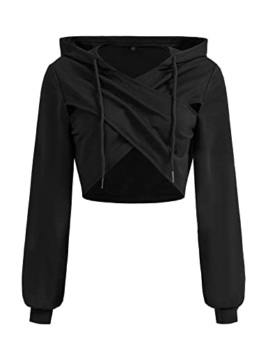 Verdusa Women's Criss Cross Cut Out Wrap Bishop Sleeve Drawstring Crop Hoodie Sweatshirt - Large - Black