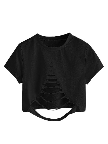 SweatyRocks Women's Short Sleeve Cutout Tee Shirt Distressed Crop Top - Large Pure Black