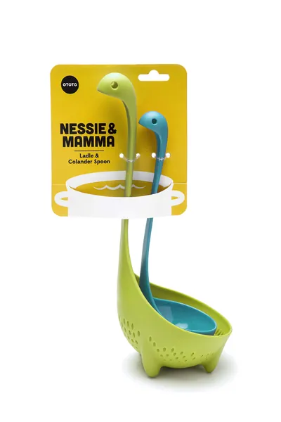 OTOTO Turquoise Nessie Ladle & Green Mama Nessie Colander Value Pack - Special Edition Soup Ladle & Colander Set - Ladles for Cooking - Kitchen Colander for Pasta - Dishwasher Safe & BPA free Ladle