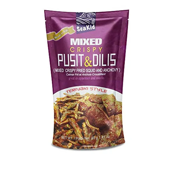 Seakid Crispy Pusit & Dilis Teriyaki Style - Fried Squid & Anchovies Nutricious Snack 1.41oz (40g), 6 Packs