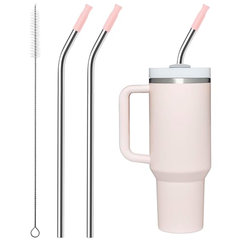 Bluwing Repeatable Metal Straw with Silicone Tips for 40 oz Stanley Tumbler, 2 Pcs 40 oz Stainless Steel Straws Replacement for Stanley Tumbler, 1 Straw Brush, BPA Free（Light Pink） - 40 OZ Bent Straw - Light Pink