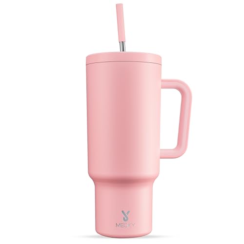 Meoky 40 oz Tumbler with Handle and Straw, Tumbler with Lid and Straw, Insulated Stainless Steel Travel Mug, 100% Leak-proof, Keeps Cold for 34 Hours or Hot for 10 Hours (Blush) - Blush - 40oz