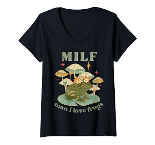 MILF Man I Love Frogs Vintage Retro Frog And Fungi Mushroom V-Neck T-Shirt