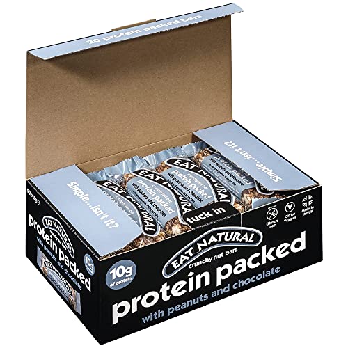 Eat Natural Protein Bars, Protein Packed Peanuts & Chocolate Nut Bar — 20 x 45g Snack Bars, Gluten Free Cereal Bars — Seriously Crunchy Snacks With Soya Crispies, Shredded Coconut - Protein Packed Bars - 20 Count (Pack of 1)