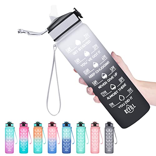 Hyeta 32 oz Water Bottles with Times to Drink and Straw, Motivational Water Bottle with Time Marker, Leakproof & BPA Free, Drinking Sports Water Bottle for Fitness, Gym & Outdoor - Gray-Black