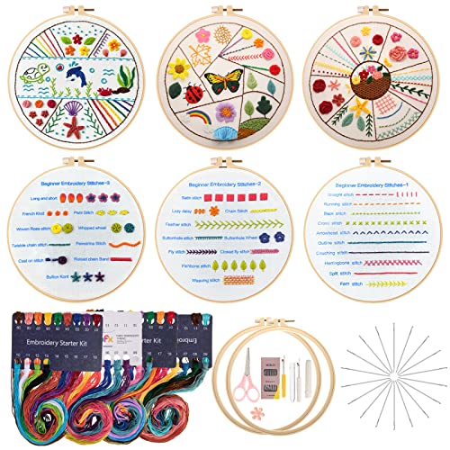 Canlierr 6 Sets Christmas Embroidery Kit with Pattern and Instructions Starter Hoop Colored Threads Needlepoint for Beginners Adults Supplies (Simple Pattern) - Simple Pattern