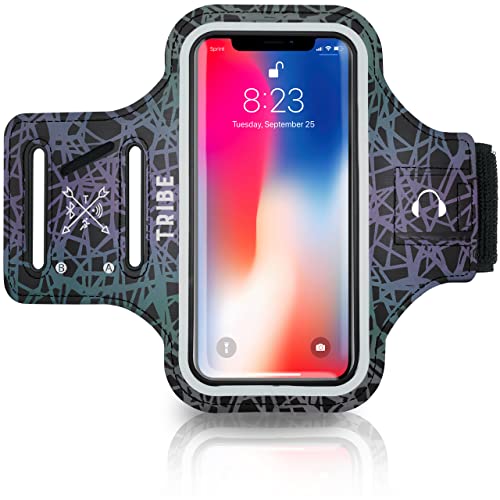TRIBE Water Resistant Cell Phone Armband Case Running Holder for iPhone Pro Max Plus Mini SE (13/12/11/X/XS/XR/8/7/6/5) Galaxy S Ultra Plus Edge Note (21/20/10/9/8/7/6/5) Adjustable Strap & Key Pocket - Black - Reflective Rays - L: iPhone+/Pro Max/XR/XS Max/Galaxy+/Ultra/Note