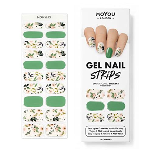 MOYOU LONDON Semi Cured Gel Nail Wraps, 20 Pcs Gel Nail Polish Strips for Salon-Quality Manicure Set with Nail File & Wooden Cuticle Stick (UV/LED Lamp Required) - Botanic Chic - Botanic Chic