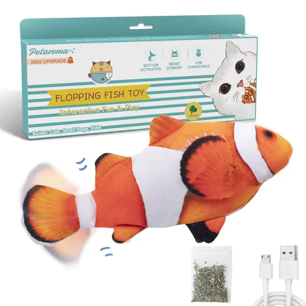 Potaroma Flopping Fish Cat Toy with SilverVine and Catnip, 2022 Upgraded, Moving Fish for Small Dogs, Realistic Wiggle Fish 10.5", Interactive Motion Kitten Kicker Exercise Toy - Clownfish