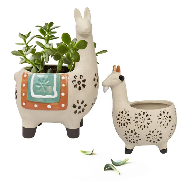 Ceramic Animal Succulent Planter Pots - 6.1 + 4.5 inch Cute Alpaca / Llama & Goat Rough Pottery Unglazed Flower Plant Pots Indoor with Drainage for Herb Cactus Air Plants, Home Decor Gifts