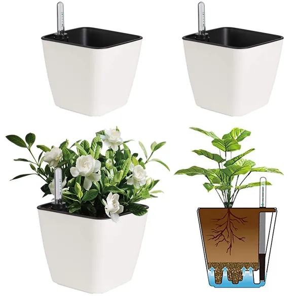 T4U 5.5 Inch Self Watering Plastic Planter with Water Level Indicator Pack of 3 - Matte White, Modern Decorative Planter Flower Pot for House Plants, Herbs, Aloe, African Violets, Succulents and More