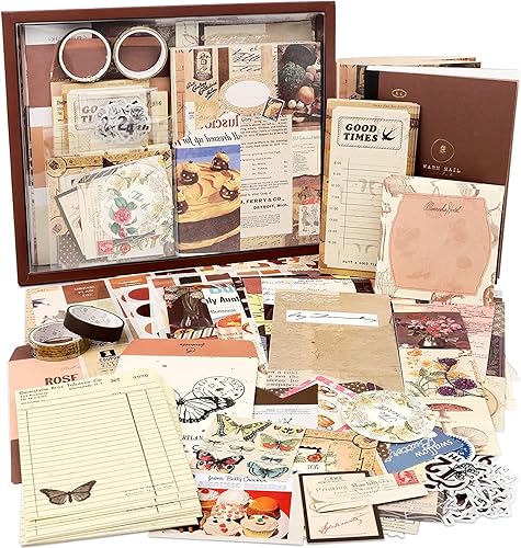 Draupnir Vintage Aesthetic Scrapbook Kit(346pcs), Bullet Junk Journal Kit with Journaling/Scrapbooking Supplies, Stationery, A6 Grid Notebook Graph Ruled Pages.DIY Gift for Teen Girl Kid Women. - Vintage