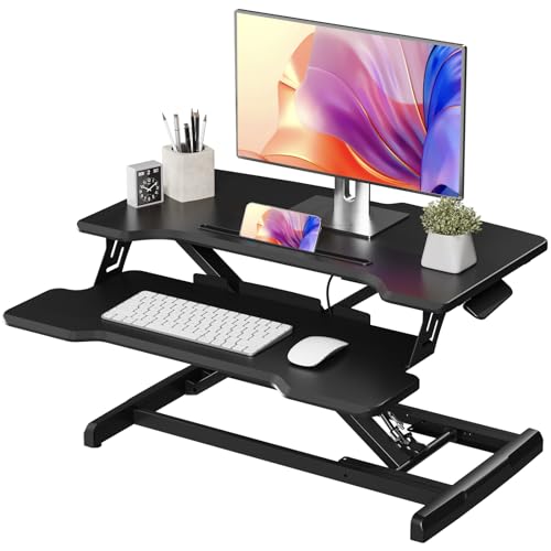 JYLH JOYSEEKER Standing Desk Converter 28 inch, Small Stand up Desk Riser, Height Adjustable Desktop Riser with Keyboard Tray for Monitor, Black - Black - 28"