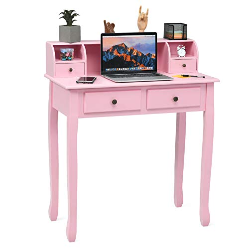 GOFLAME Writing Desk, Large Storage Space with 4 Drawers, Secretary Table Computer Desk Writing Table with Detachable Tabletop Organizer, Suit for Home and Office Use (Pink) - Pink