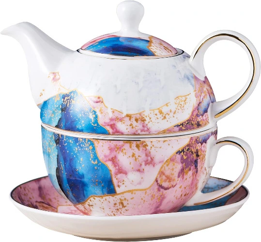 Jusalpha Fine China Rainbow Galaxy Series Teapot for One, Pink/Blue Teapot with Teacup and Saucer Set- Tea Cup with Saucer Set,Tea For One Set #10
