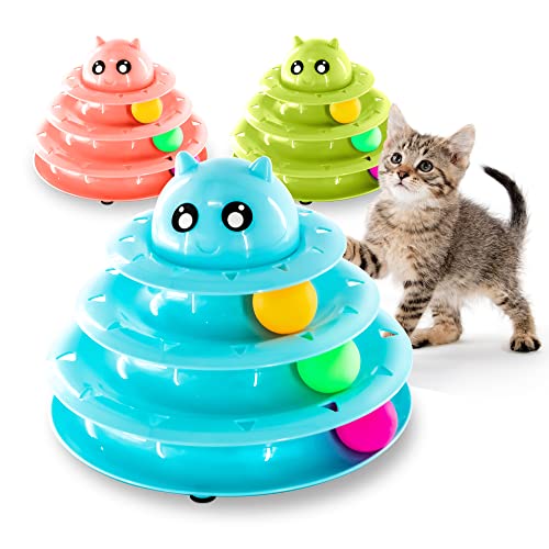 FurDreams Cat Roller Ball Toy Interactive - Blue | 3 Tier Tower Fun Cat Ball Toy with 3 Colour Balls | 3 Level Cat Teaser Toy with Cat Play Balls | Cat Puzzle Toy for Exercise and Stimulation - Blue