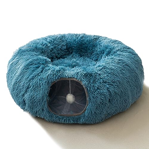HIPIPET Winter Plush Cat Tunnel with Cat Bed for Indoor Cats,Multifunctional Cat Toys for Small Medium Large Cat.(Blue)