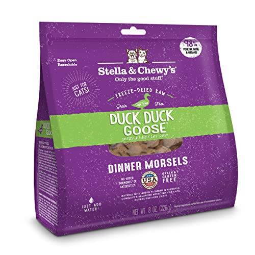 Stella & Chewy's Freeze-Dried Raw Cat Dinner Morsels – Grain Free, Protein Rich Cat & Kitten Food – Duck Duck Goose Recipe – 8 oz Bag - Duck - 8 Ounce (Pack of 1)