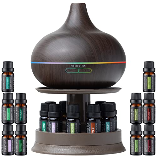Ultimate Aromatherapy Diffuser & Essential Oil Set - Ultrasonic Diffuser & Top 10 Essential Oils - 300ml Diffuser w/ 4 Timer & 7 Ambient Light Settings - Therapeutic Essential Oils - Dark Oak w/Stand - Oak Wood With Stand