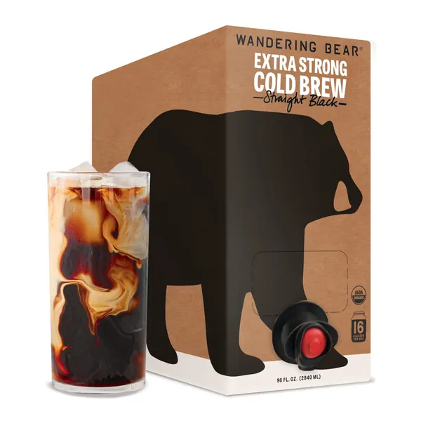 Wandering Bear Extra Strong Organic Cold Brew Coffee On Tap, Straight Black, 96 fl oz - Smooth, Unsweetened (0g Sugar), Shelf-Stable, and Ready to Drink - Straight Black 96 Fl Oz (Pack of 1)