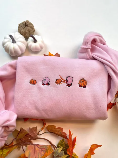 Kirby x Pumpkin Embroidered Sweatshirt, Funny Fall Sweatshirt