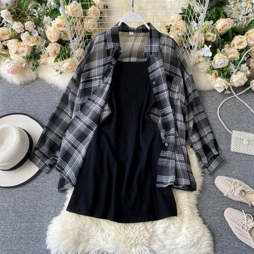 'Prospect' Two Piece Black Dress and Plaid Shirt Grunge Goth Set