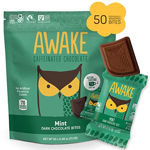 AWAKE - Caffeinated Chocolate Bites - Coffee Alternative - Low Calorie Snacks - Bite Size Energy Bars - 50mg of Caffeine in Each Bite - Non GMO - Vegan - Gluten Free - Dark Mint Chocolate - 50 Bites - Mint Chocolate