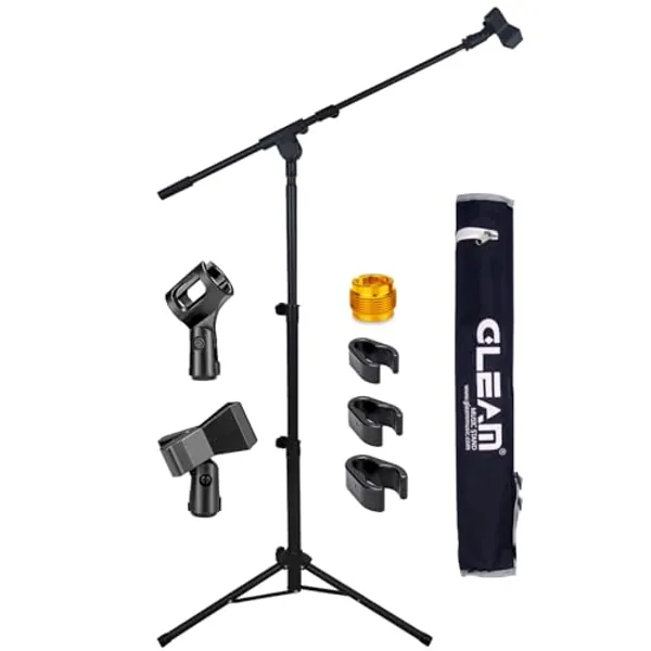GLEAM Microphone Stand - Tripod Boom Arm Mic Stand with Carrying Bag, 2 Mic Clips and Screw Adapter Portable for Singing Performance Wedding Stage and Mic Mount