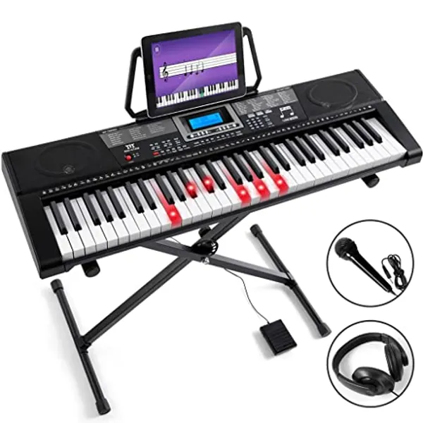 MUSTAR Piano Keyboard, MEKS-500 61 Key Learning Keyboard Piano with Lighted Up Keys, Electric Piano Keyboard for Beginners, Stand, Sustain Pedal, Headphones/Microphone, USB Midi, Built-in Speakers
