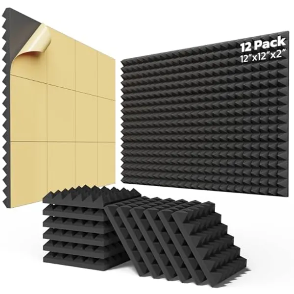 BEEQUIET 12 Pack Self-adhesive Sound Proof Foam Panels 2" X 12" X 12" - Fast Expand Acoustic Panels, Pyramid Design Soundproof Wall Panels to Absorbs Sound and Eliminates Echoes