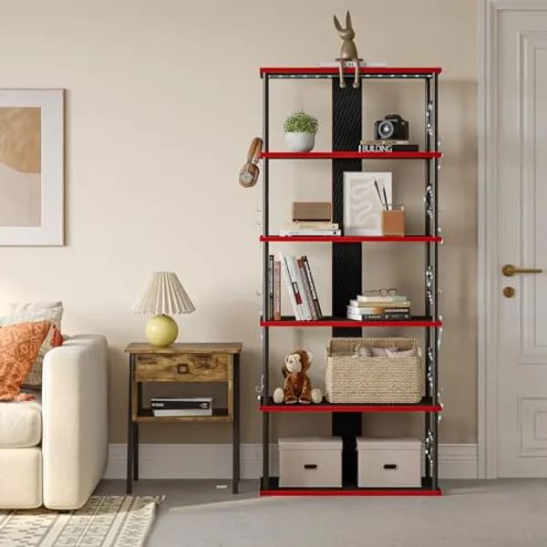 Bestier Bookshelf with Lights, 6-Tier Display Shelves for Lego, Gaming Display Shelf with 160,000 Colors 33ft Light with APP Control, Black Carbon Fiber