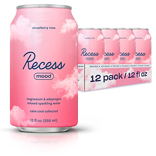 Recess Mood Magnesium & Adaptogen Drink, Relaxation Beverage, 12 ounce (Strawberry Rose, 12 pack) - Strawberry Rose