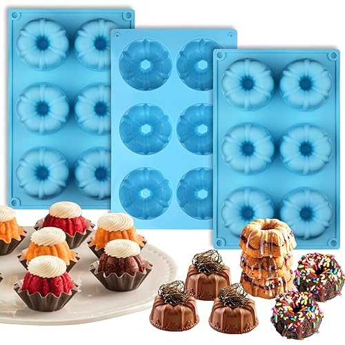 Palksky Mini Fluted Tube Pan Silicone 6-Cavity(3PCS), Multi-Cavity small Cake Baking Pan, mini moldes para chocoflan - Style A