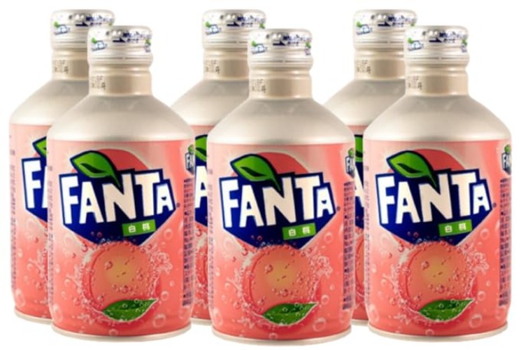 Fanta White Peach soda 300ml Aluminum Bottles case of 6 JAPAN Plus Tony & Annie's Candies Tote Bundle Pack
