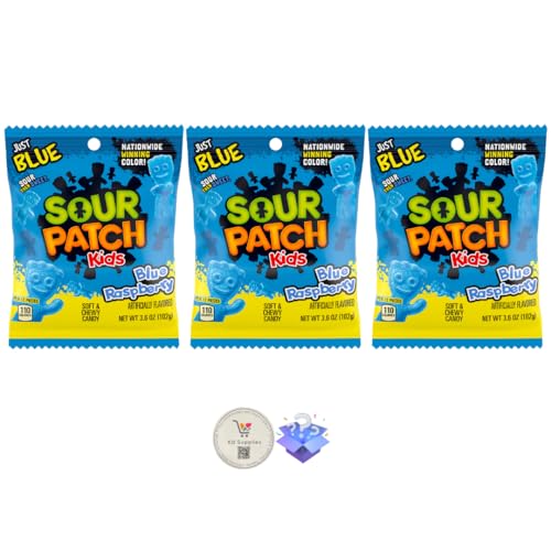 Sour Patch Kids Peg Bags (Pack of 3) Soft and Chewy Candy with Bonus Nostalgic Mystery Gift (3.96 oz, Blue Raspberry) - Blue Raspberry - 3.96 oz