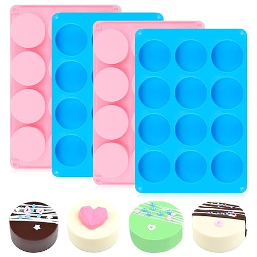 Oreo Molds Silicone, Silicone Mold Set for Chocolate Covered Cake Pucks, Cookie Pucks, Round Cake Pop Molds 12-Cavity Cylinder Cake Puck Mold Set 4 Pack - 2-Pc: Pink & 2-Pc: Blue