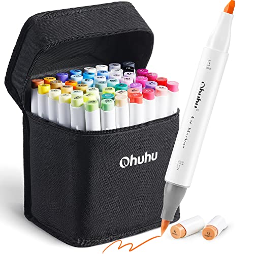 Ohuhu Alcohol Markers Brush Tip: 48-Color Double Tipped Art Marker Set for Artist Adults Coloring Illustrations -Honolulu -Brush & Chisel -Refillable - Chisel & Brush