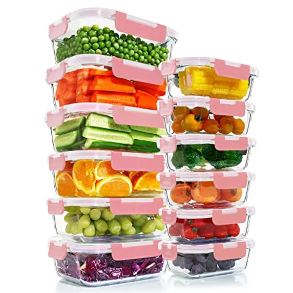 KOMUEE 12 Packs Glass Meal Prep Containers Set, Glass Food Storage Containers with Locking Lids, Airtight Glass Lunch Containers, BPA Free, Microwave, Oven, Freezer & Dishwasher Friendly, Pink