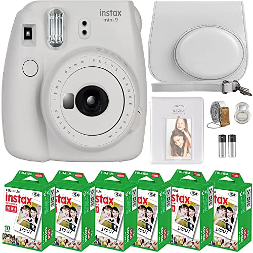 FujiFilm Instax Mini 9 Instant Camera + Fujifilm Instax Mini Film (60 Sheets) Bundle with Deals Number One Accessories Including Carrying Case, Selfie Lens, Photo Album (Smokey White) - Smokey White