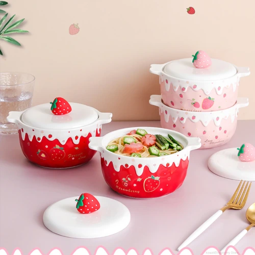 Kawaii Strawberry Ramen Bowl With Lid Ceramics Cute Large Fruit Instant Noodles Salad Soup Bowl Home Kitchen Tableware 700ml