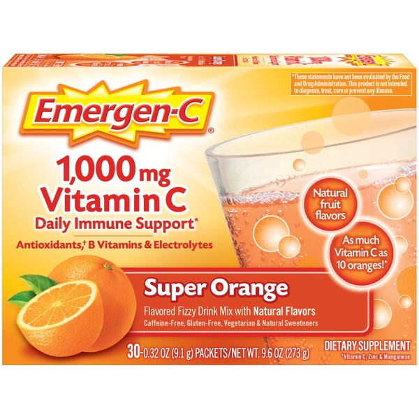 Emergen-C 1000mg Vitamin C Powder for Daily Immune Support Caffeine Free Vitamin C Supplements with Zinc and Manganese, B Vitamins and Electrolytes, Super Orange Flavor - 30 Count - Orange