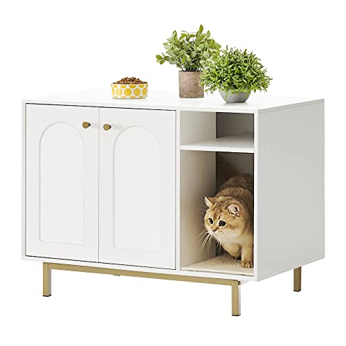Hzuaneri Cat Litter Box Enclosure, Hidden Litter Box Furniture, Wooden Pet House Side End Table, Storage Cabinet Bench, Fit Most Cat and Litter Box, Living Room, Bedroom, White and Gold 01503GCLB - White and Gold