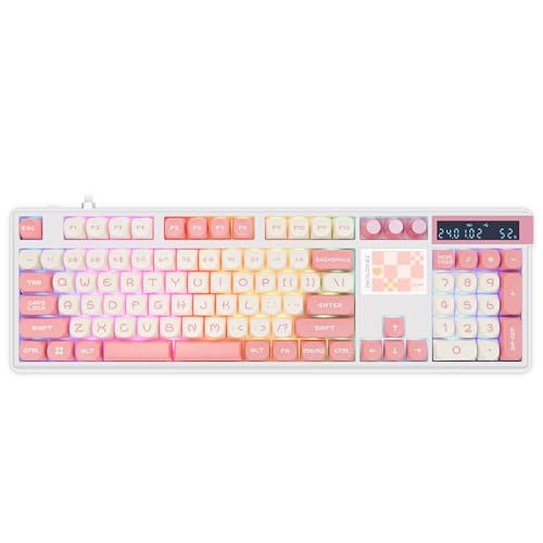Glacier Skyloong GK104 Pro Full Size, Wireless/Wired Detachable USB-C Hot Swappable Mechanical Keyboard with Screen, Knobs, Calculator, Split Space Bar Compatible (White/Pink, Standard Cable) - Standard Cable - White/Pink