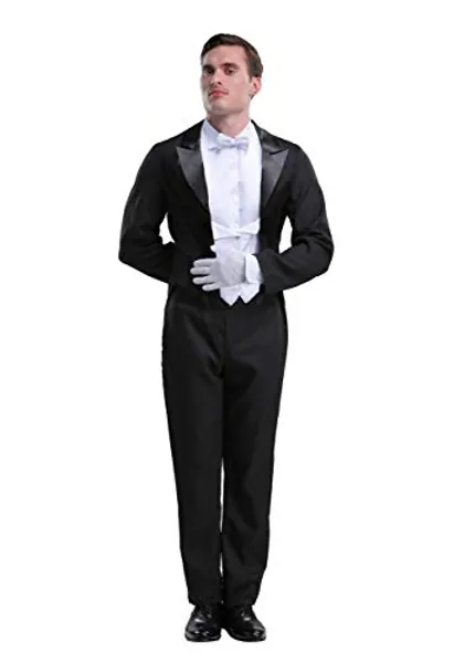 Men's Butler Costume, Formal Black Tuxedo with Tailcoat & Bowtie, Stylish Server Costume for Halloween Cosplay - X-Large