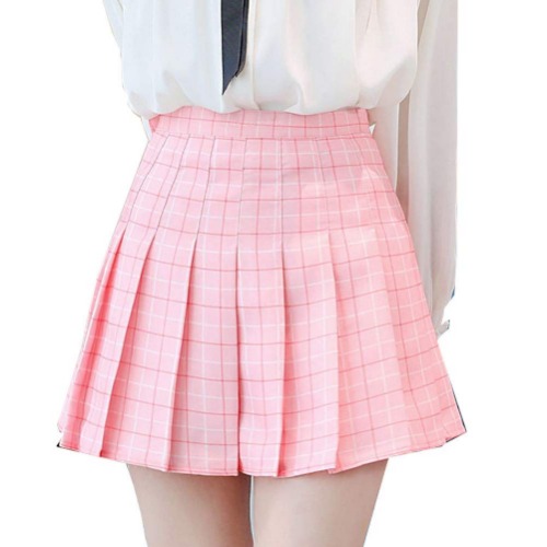 Girls Women High Waisted Plain Pleated Skirt Skater Tennis School Uniforms A-line Mini Skirt Lining Shorts - Z Plaid Pink Small