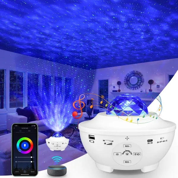 Star Projector Night Light, Smart Star Light Projector Work with Alexa Google Assistant, Galaxy Light Projector with App Remote Control Bluetooth Speaker,LED Galaxy Projector for Kids Adults Bedroom Party(White) - White