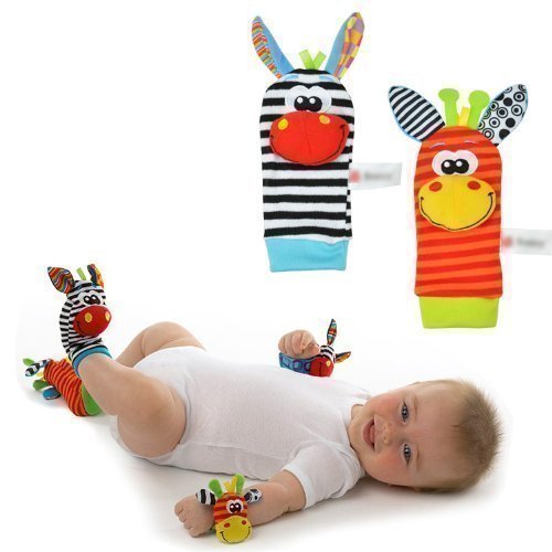 Donkey Zebra Wrist Rattle Socks Toys Foot Finder Set 4 in 1 Baby Infant Soft Animal Toys Developmental Soft Toys - 