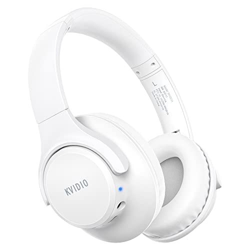 KVIDIO [Updated] Bluetooth Headphones Over Ear, 65 Hours Playtime Wireless Headphones with Microphone,Foldable Lightweight Headset with Deep Bass,HiFi Stereo Sound for Travel Work Laptop PC Cellphone - White