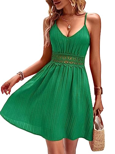 Floerns Women's Solid Sleeveless Ruffle Hem Shirred Boho Cami Short Dress - Medium - Green Plain