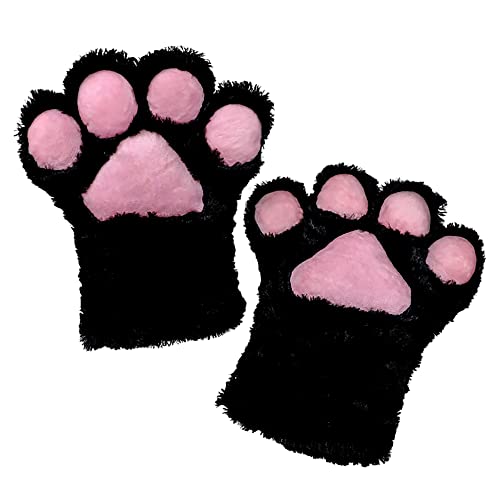 BNLIDES Cosplay Animal Fluffy Cat Fursuit Paws Claws Gloves Costume Accessories for Adults (Black) - Black